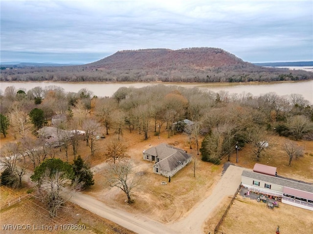 bird's eye view with a water and mountain view and a rural view