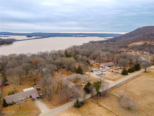 drone / aerial view with a water and mountain view