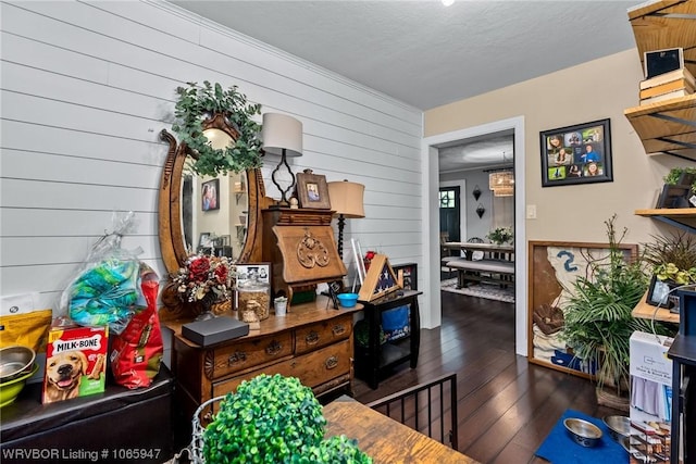 interior space featuring dark hardwood / wood-style floors, a textured ceiling, and wooden walls