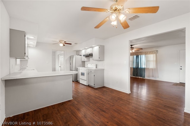 kitchen with dark hardwood / wood-style floors, sink, white appliances, and kitchen peninsula