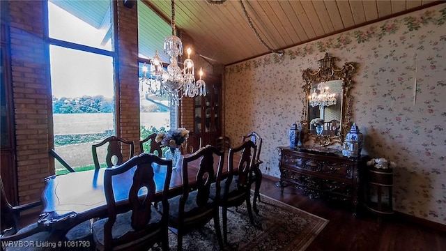 935 County Road 3456, Clarksville, AR 72830 - dining room featuring a chandelier, wood finished floors, lofted ceiling, wood ceiling, and wallpapered walls