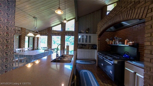 935 County Road 3456, Clarksville, AR 72830 - kitchen featuring black gas range, high vaulted ceiling, and decorative light fixtures