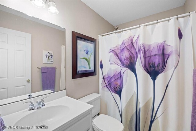 bathroom featuring vanity, a shower with shower curtain, and toilet