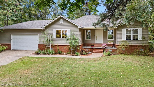 view of front of house featuring a front yard, a porch, and a garage