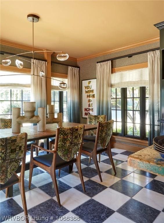 dining space featuring plenty of natural light and ornamental molding