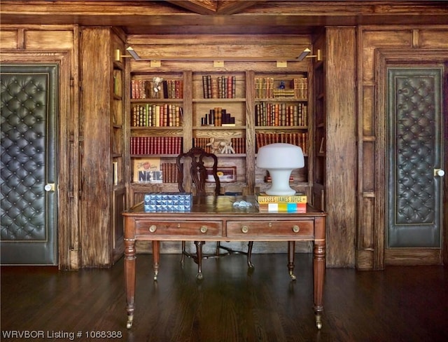 home office featuring beam ceiling and dark wood-type flooring