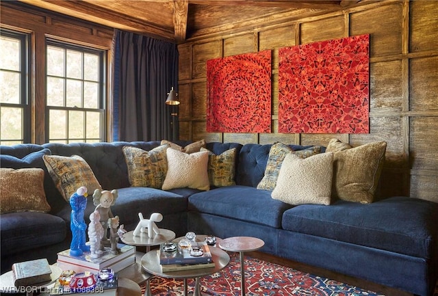 living room featuring wooden walls