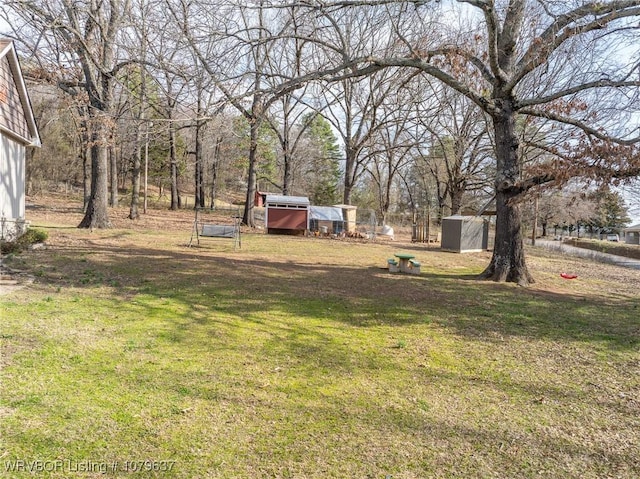 view of yard featuring a storage unit and an outdoor structure