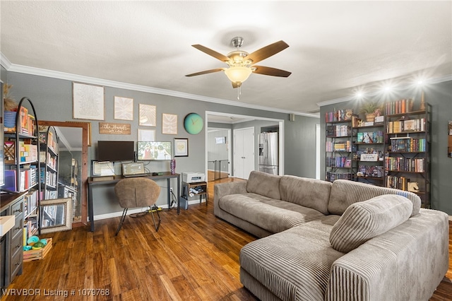 8005 Holly Ave, Fort Smith, AR 72908 - living room with wood finished floors, a ceiling fan, baseboards, and ornamental molding
