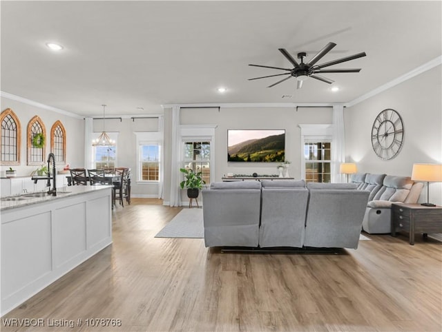 living room with sink, crown molding, and light hardwood / wood-style flooring