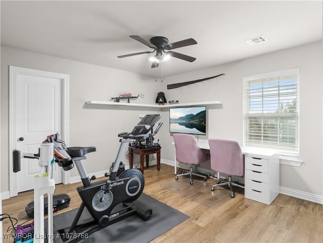 exercise area featuring ceiling fan and light wood-type flooring