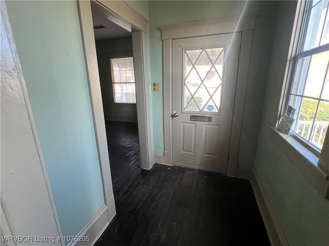 doorway with dark hardwood / wood-style flooring