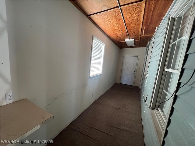 corridor featuring carpet floors and wood ceiling