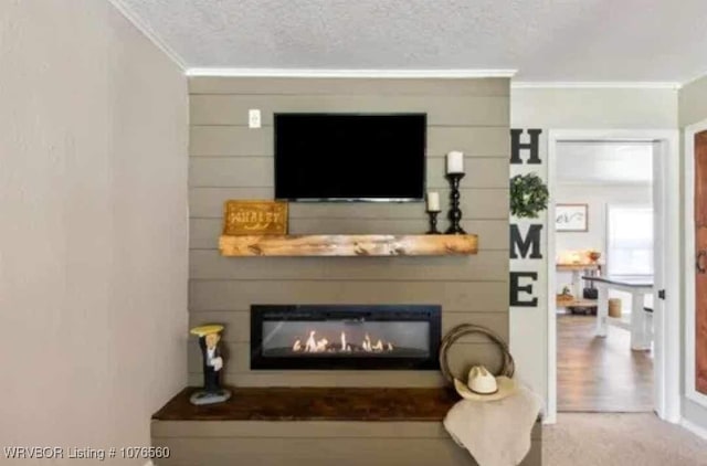 room details with a fireplace, a textured ceiling, and ornamental molding