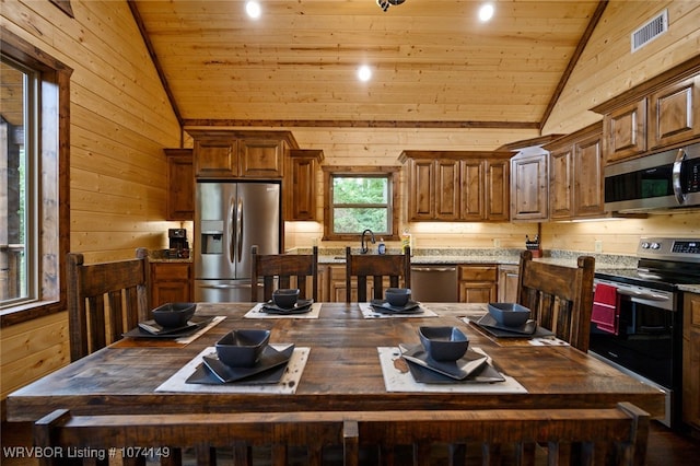 kitchen featuring wood counters, wood ceiling, stainless steel appliances, a kitchen island, and wood walls