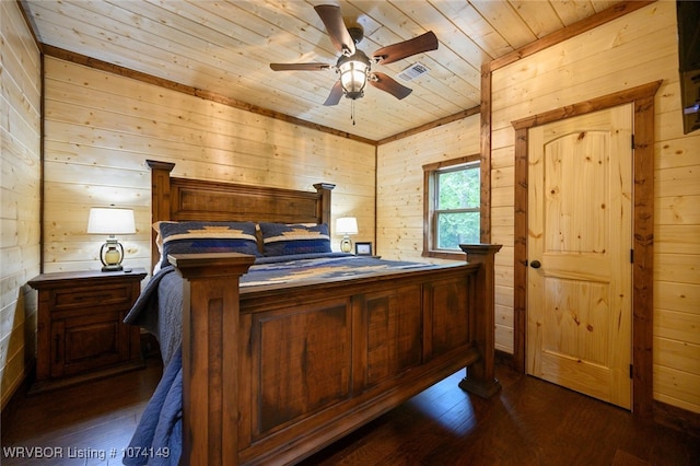 bedroom featuring ceiling fan, wood walls, dark hardwood / wood-style flooring, and wood ceiling