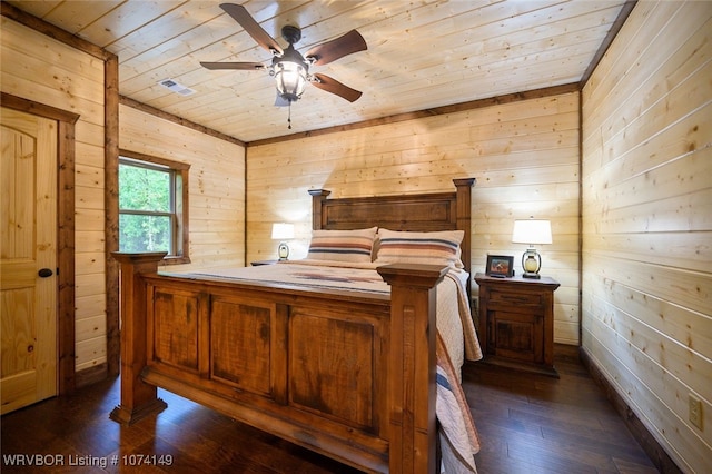 bedroom with dark hardwood / wood-style floors, ceiling fan, wooden walls, and wood ceiling