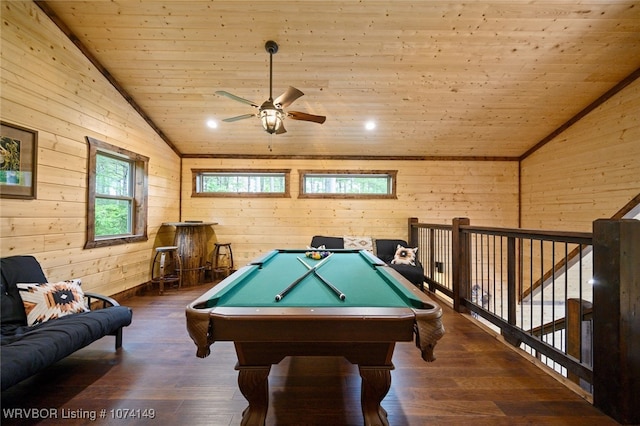 playroom with billiards, ceiling fan, lofted ceiling, and wood ceiling