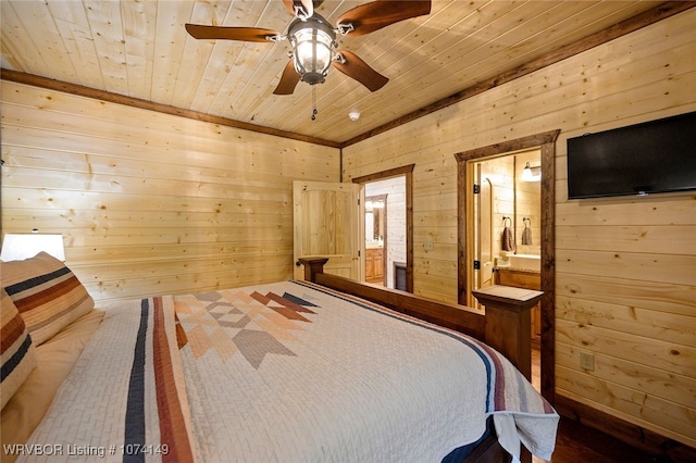 bedroom with ceiling fan, wood ceiling, wooden walls, and ensuite bath