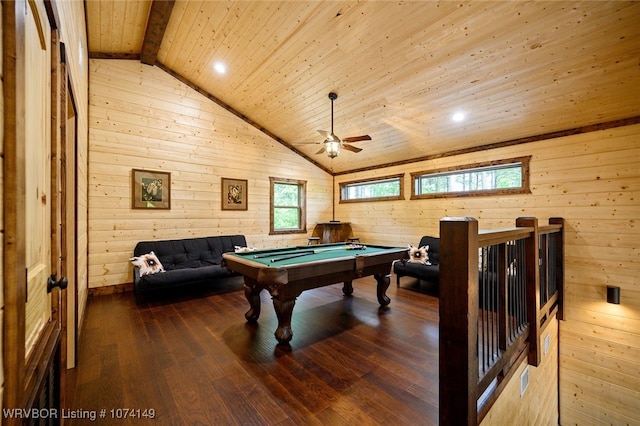 playroom featuring hardwood / wood-style flooring, lofted ceiling with beams, wooden ceiling, and billiards