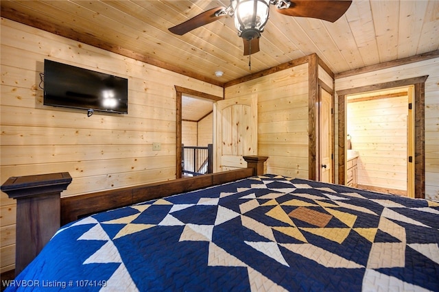 bedroom featuring ceiling fan, wood ceiling, and wooden walls