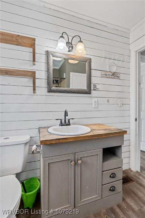 bathroom with vanity, toilet, and wood finished floors