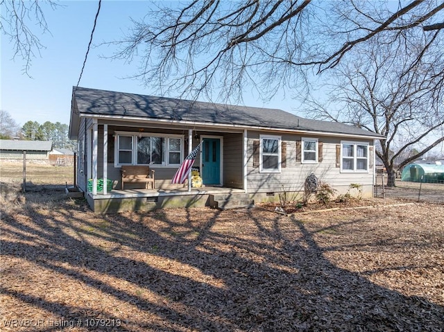 view of front of property with a porch, crawl space, and a shingled roof