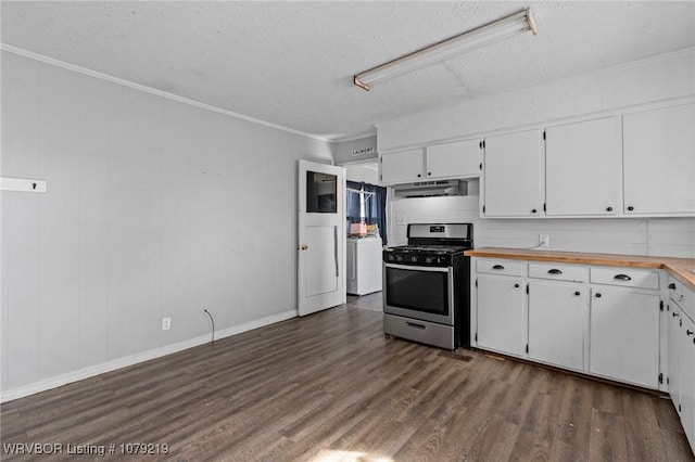 kitchen with white cabinets, stainless steel range with gas stovetop, dark wood finished floors, and under cabinet range hood