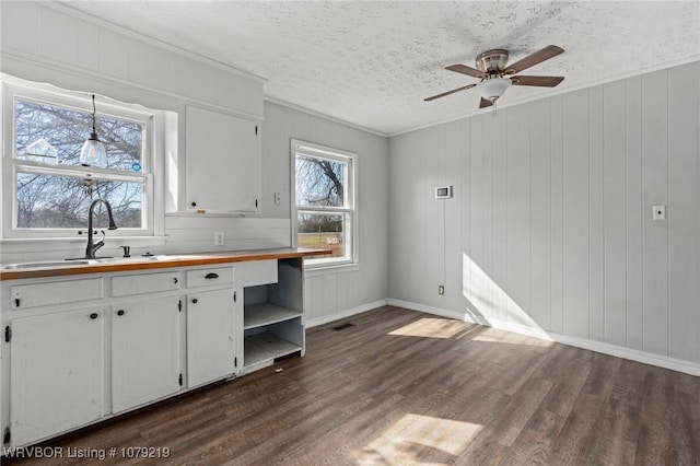 kitchen with dark wood-style floors, a sink, white cabinetry, and crown molding