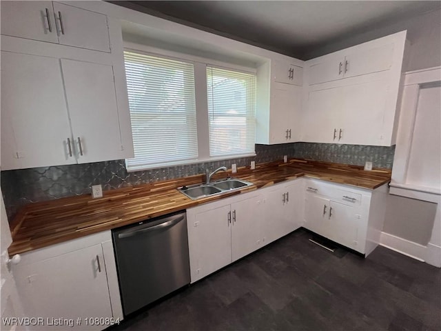 808 S 23rd St, Fort Smith, AR 72901 - kitchen featuring a sink, dishwasher, butcher block countertops, decorative backsplash, and white cabinetry
