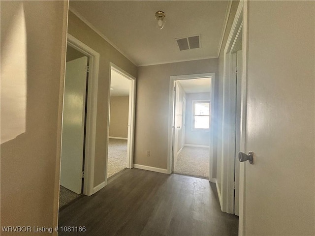 1117 W Creek Ave, Sallisaw, OK 74955 - hallway with dark wood-style flooring, ornamental molding, and baseboards