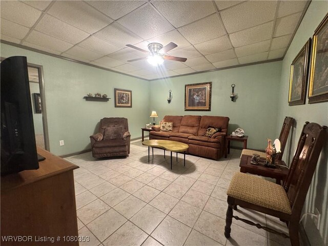 6538 110th Rd, Red Oak, OK 74563 - living area with a ceiling fan, a paneled ceiling, and light tile patterned floors