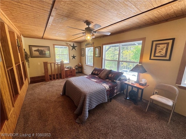6538 110th Rd, Red Oak, OK 74563 - bedroom featuring wood ceiling, a ceiling fan, and carpet floors