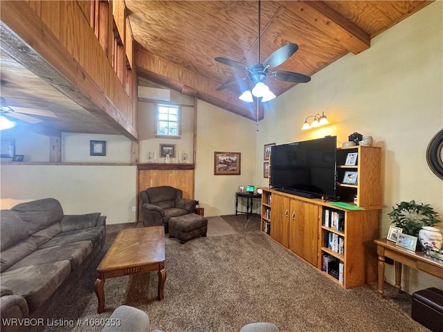 6538 110th Rd, Red Oak, OK 74563 - living area with wood ceiling, ceiling fan, lofted ceiling, and carpet