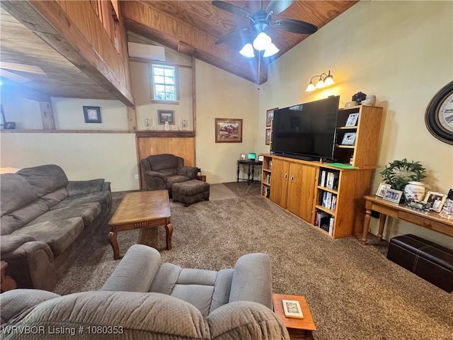 6538 110th Rd, Red Oak, OK 74563 - carpeted living room featuring lofted ceiling, wood ceiling, a ceiling fan, and a wall unit AC