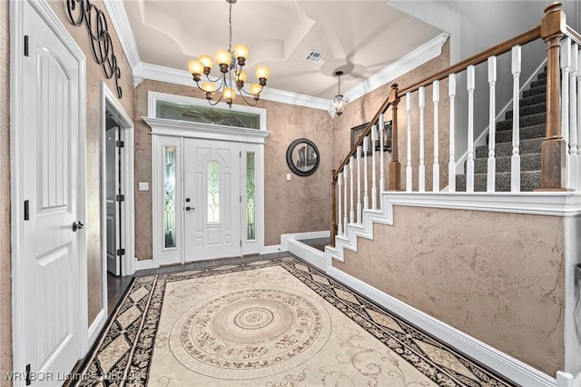 479872 E 1080th Rd, Muldrow, OK 74948 - entryway with inlaid floor details, stairway, ornamental molding, and a chandelier