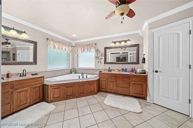 479872 E 1080th Rd, Muldrow, OK 74948 - full bathroom featuring ceiling fan, vanity, crown molding, a bath, and tile patterned flooring