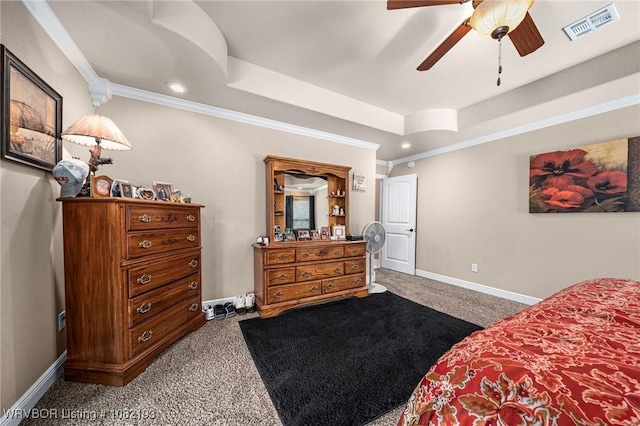 479872 E 1080th Rd, Muldrow, OK 74948 - bedroom with carpet flooring, a raised ceiling, recessed lighting, crown molding, and ceiling fan