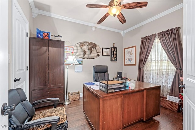 479872 E 1080th Rd, Muldrow, OK 74948 - office featuring a ceiling fan, dark wood finished floors, ornamental molding, and plenty of natural light