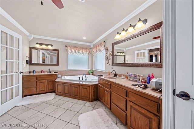 479872 E 1080th Rd, Muldrow, OK 74948 - full bathroom featuring ornamental molding, vanity, a garden tub, tile patterned flooring, and a ceiling fan