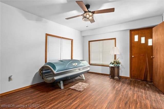 living area featuring ceiling fan and dark hardwood / wood-style floors