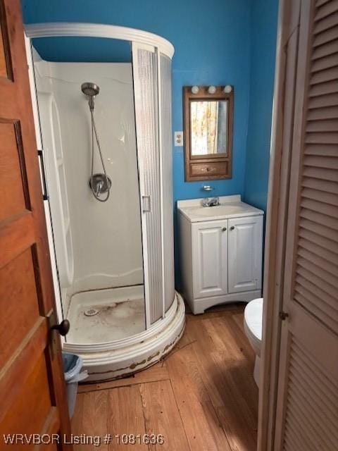 24 S 3rd St, Paris, AR 72855 - full bathroom featuring a stall shower, wood finished floors, and vanity