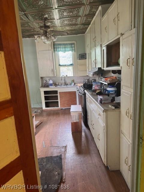 24 S 3rd St, Paris, AR 72855 - kitchen with an ornate ceiling, stainless steel range, dark wood-style floors, a ceiling fan, and light countertops