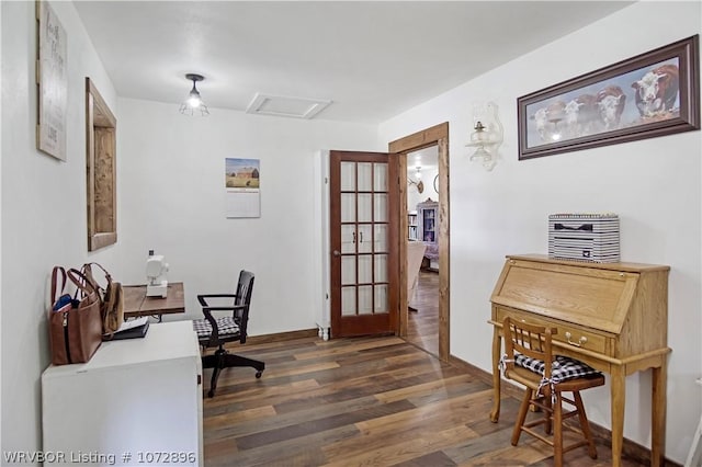 home office featuring french doors and dark hardwood / wood-style floors