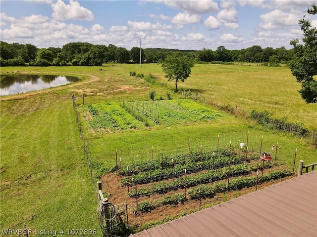 view of community with a yard, a water view, and a rural view