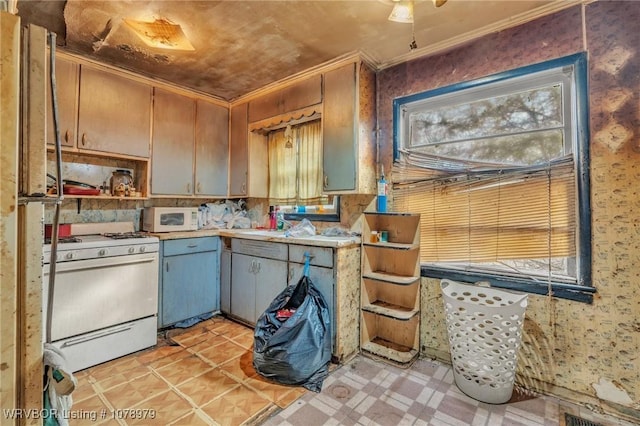 kitchen with white appliances and crown molding