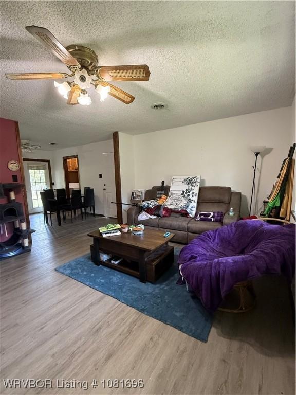 13824 Grober Hill Way, Fort Smith, AR 72916 - living room featuring a textured ceiling, wood finished floors, and a ceiling fan
