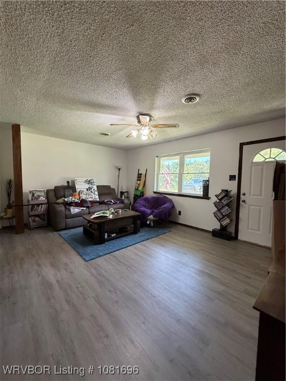 13824 Grober Hill Way, Fort Smith, AR 72916 - living area with a textured ceiling, wood finished floors, and ceiling fan