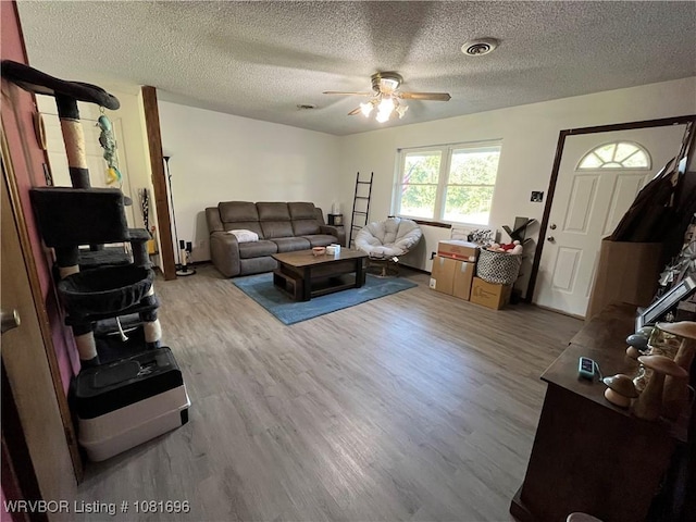 13824 Grober Hill Way, Fort Smith, AR 72916 - living area featuring a ceiling fan, wood finished floors, and a textured ceiling