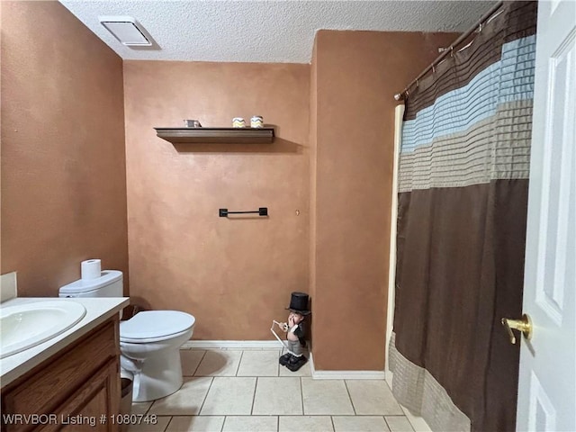 2114 Breckenridge Ter, Greenwood, AR 72936 - bathroom featuring a shower with curtain, tile patterned flooring, vanity, toilet, and a textured ceiling